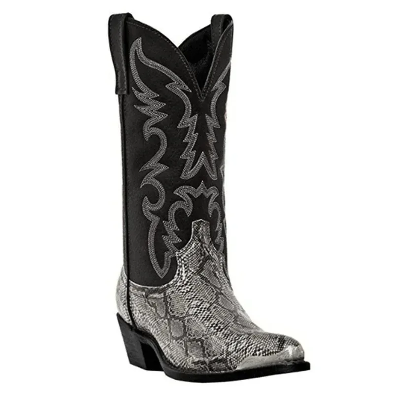 Plus Size 38-48 Unisex Shoes Snake Pattern Cowboy Boots Men Handmade Mid-calf Men Platform Boots Retro Pointed-top Western Boots