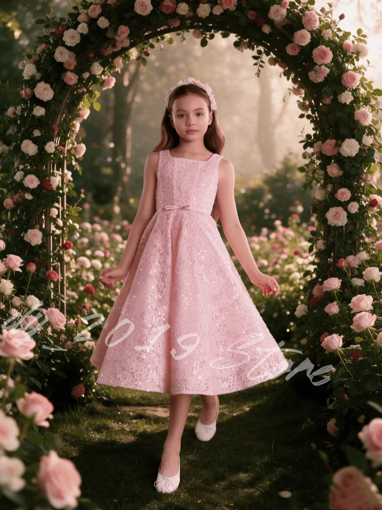 Elegant Ivory Sequin Sleeveless Flower Girl Dress Square Neck A-Line Midi Gown for First Communion Wedding Kids Photoshoot