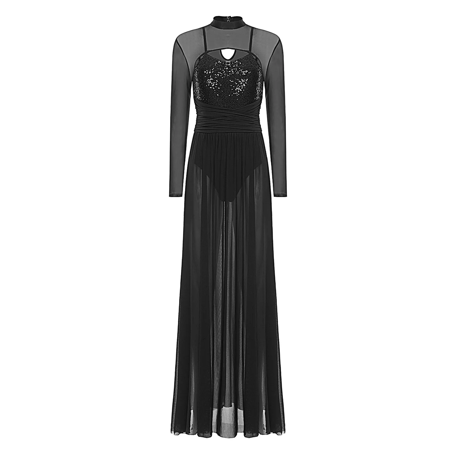 

Women Lyrical Dance Dress Sequined Long Sleeve Mesh Tulle Flowy Maxi Long Dress Built-In Briefs Morden Contemporary Dancewear