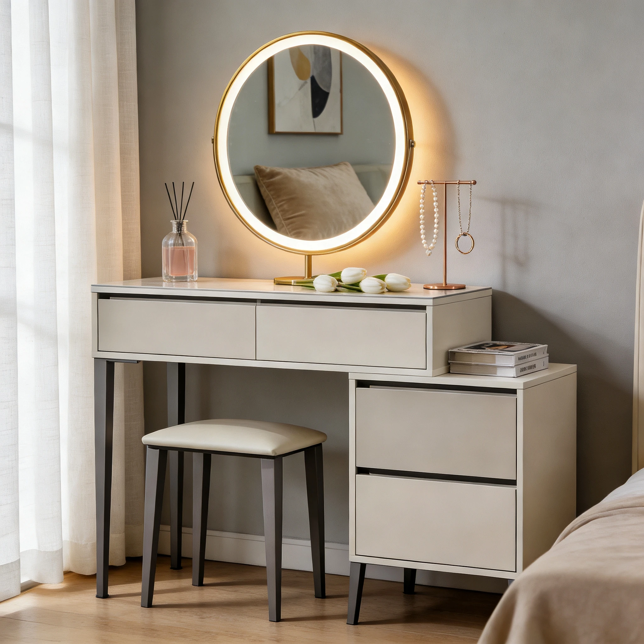 Premium Modern Luxury Bedroom Makeup Vanity Table Set Wood Top Eco-Friendly 4 Drawers Storage Matching Stool Gold Framed Mirror