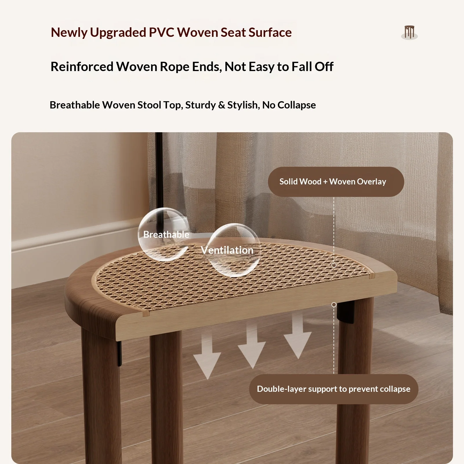 Living Room Solid Wood Stool Stackable Movable Nesting Combination Minimalist Modern Design Accent Stool Rattan Woven