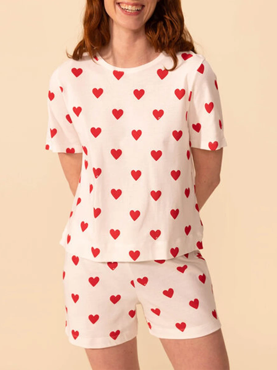 

Women Pajama Set 2 Piece Heart Print Short Sleeve Crew Neck T-shirt with Shorts Sleepwear Loungewear for Casual Daily