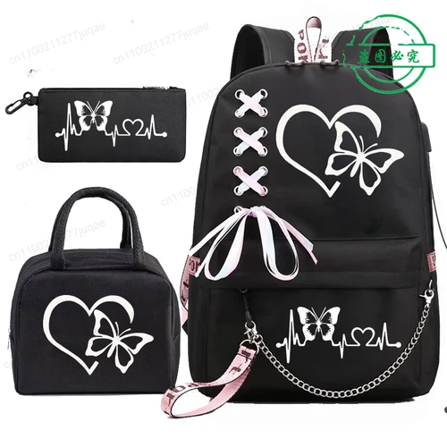 Imagen 2 del producto Mochila Escolar Butterfly Heartbeat para Estudiantes Adolescentes, Bolsa Escolar con Diseño de Mariposa Anime, con Bolsas Porta Alimentos Portátiles, 3 Piezas