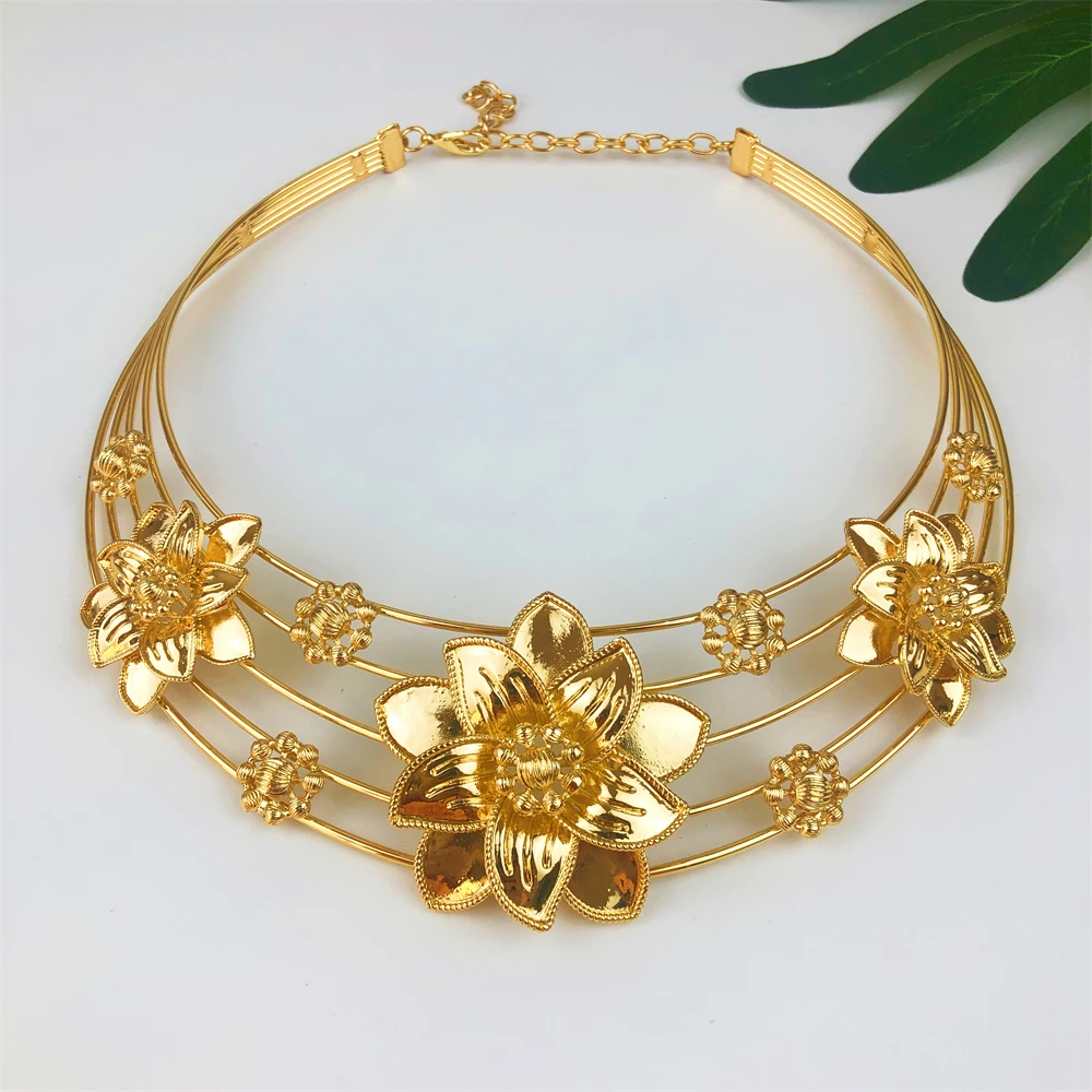 Delicate Flower 18K Gold Plated 4Pcs Jewelry Set for Women Necklace Earring Bracelet Ring Italy Bridal Wedding Party Gift