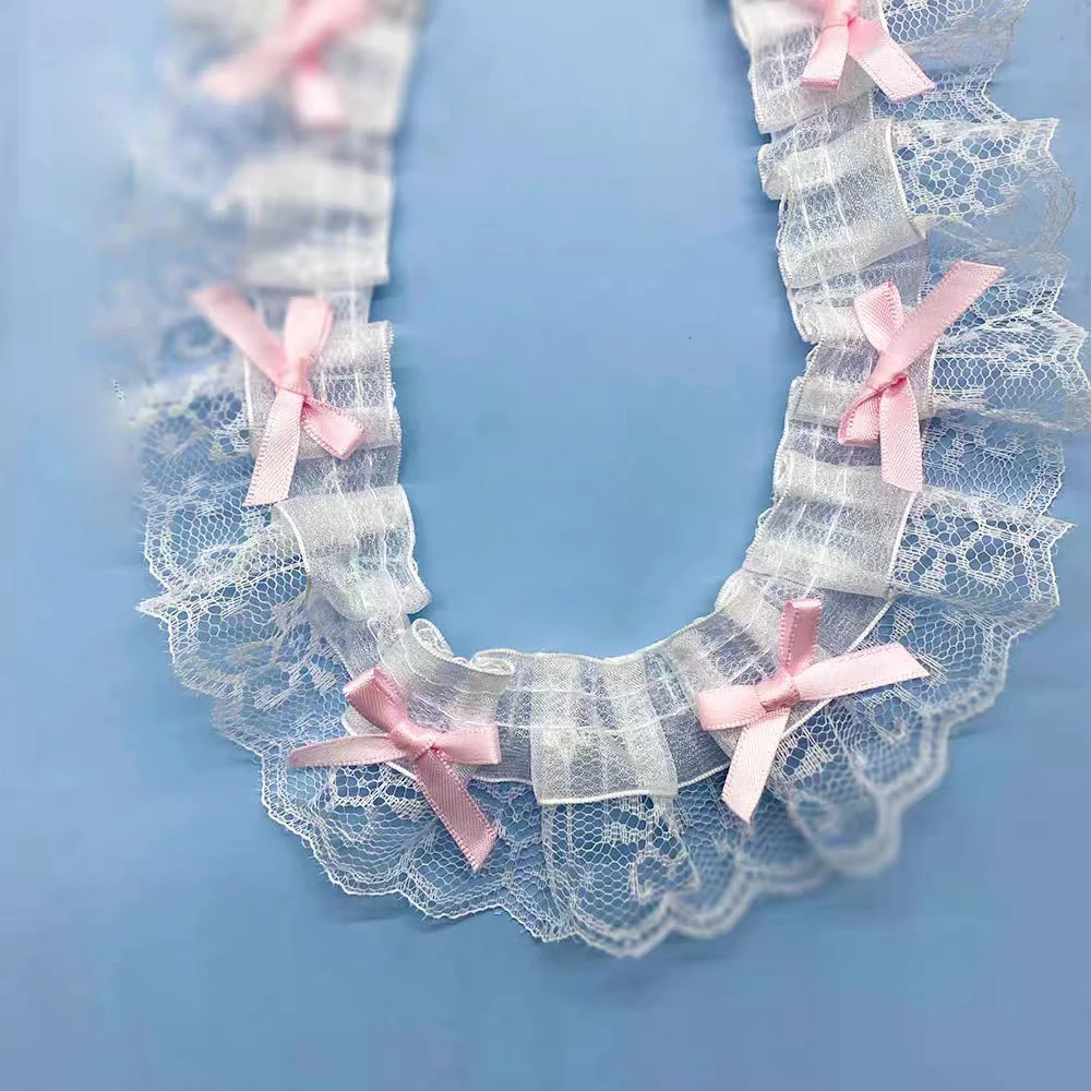 1 Yard weiß rosa zarte Schleife Rüschen Stickerei Spitzenstoffe für Kleidung Geschenk Wohnaccessoire handgemachte Nähbesatz Handwerk – Detail 3
