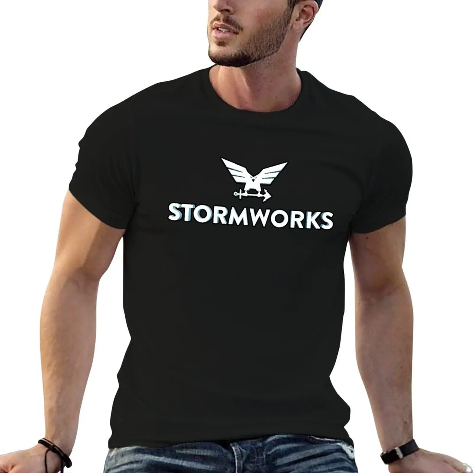 تي شيرت بشعار Stormworks تي شيرت للرجال من القطن مضحك تي شيرت قطني أسود عادي للرجال حزمة تي شيرت