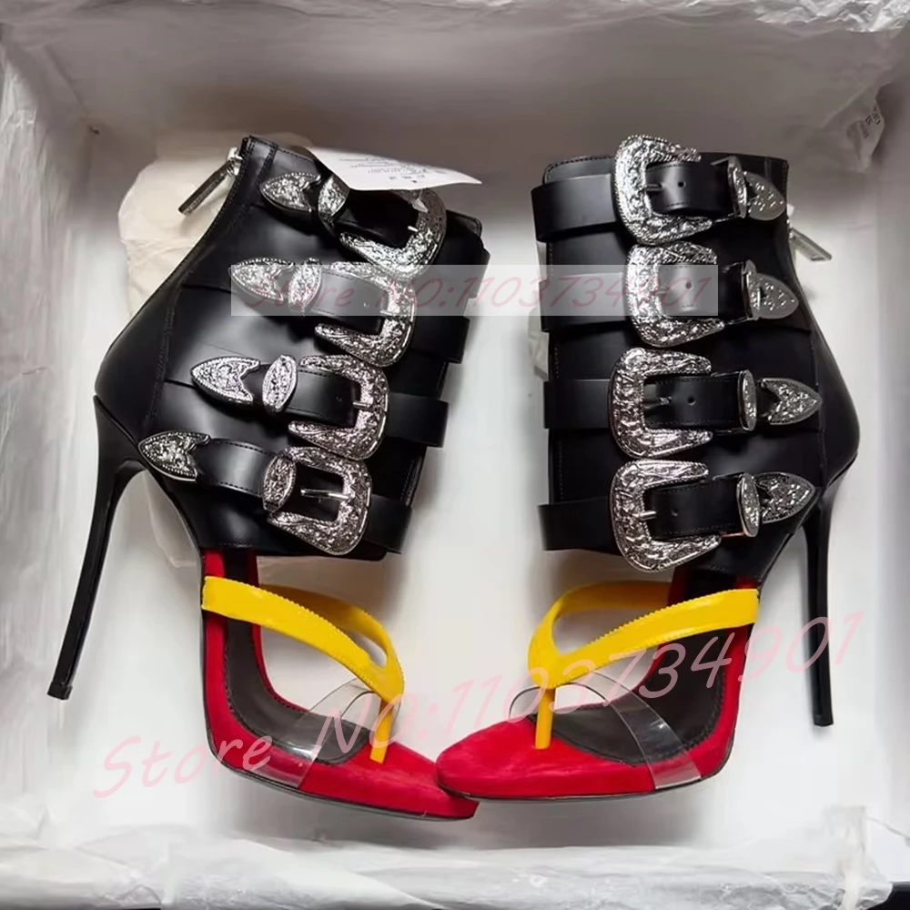 

Light Luxury Metal Buckle Mid Calf Sandals Women Flip Flop Open Toe Stiletto High Heels Shoes Sexy Gladiaor Ankle Wrap Sandals