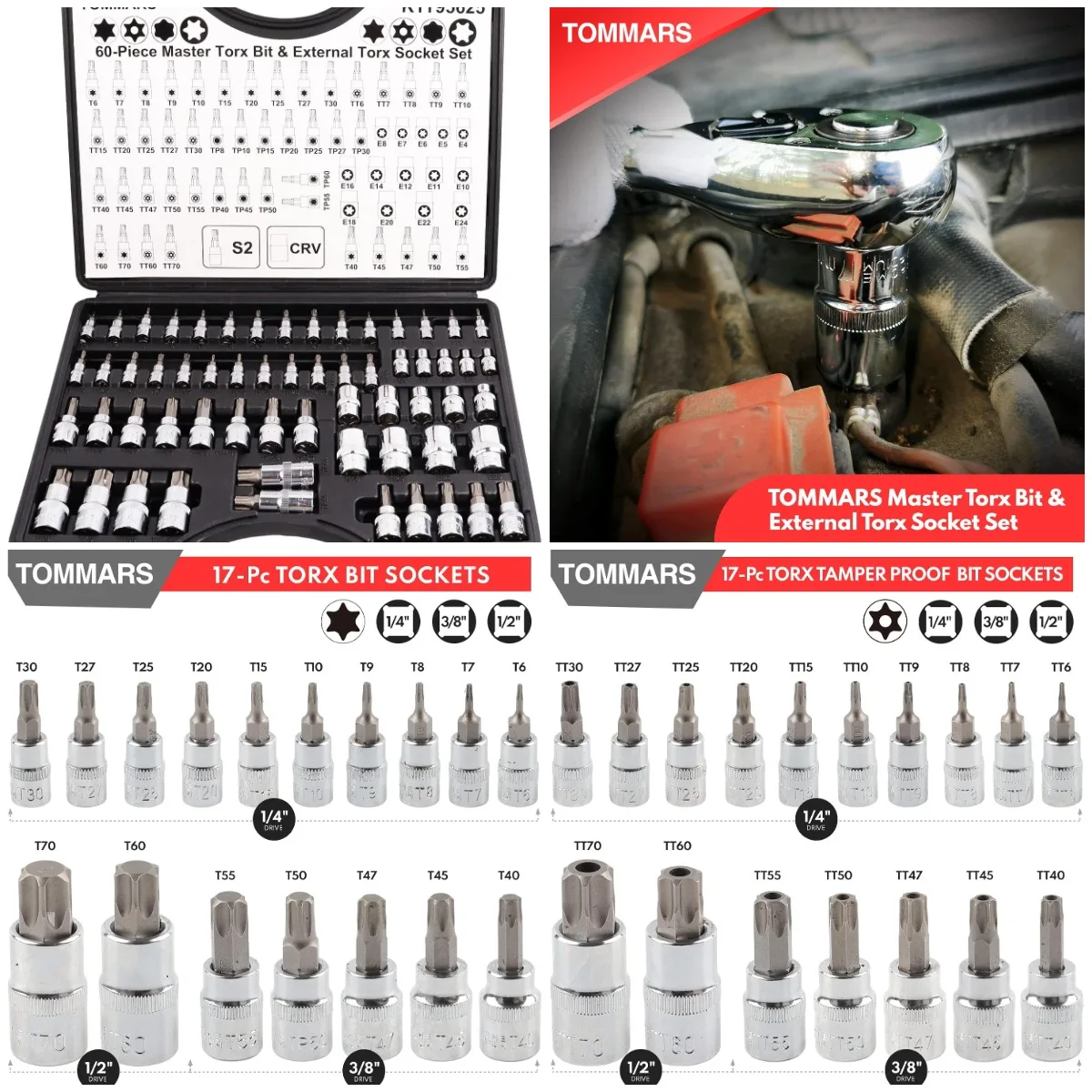 

60-Pc Torx & Socket Set 1/4', 3/8', 1/2' Drive, S2 Steel, E4-E24, T6-T70, TT6-TT70, TP8-TP60