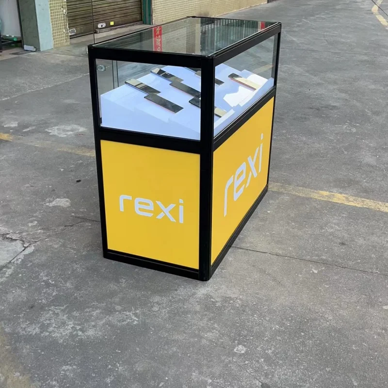 Mostrador de exhibición de tienda de teléfono móvil con lámpara LED personalizada, diseño bloqueable de aluminio, escaparate de exhibición de vidrio para teléfono móvil