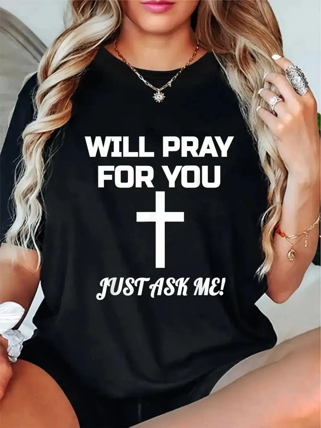 Women's Inspirational Will Pray for You Cross Print T-Shirt 100% Cotton Relaxed Fit Round Neck Short Sleeve Top Black with White