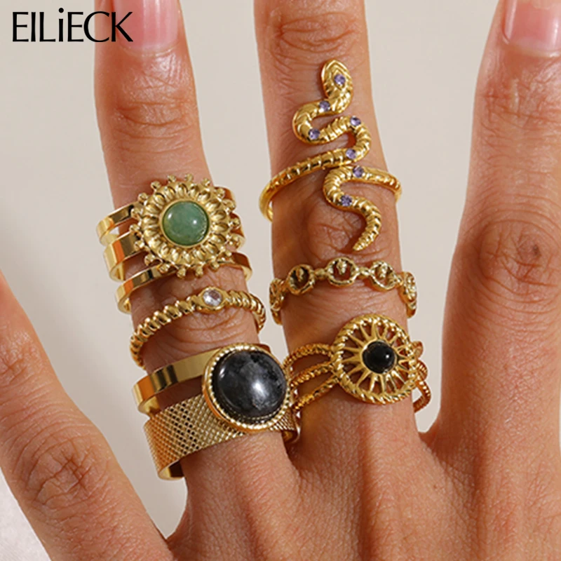 EILIECK 316L Edelstahl Runde Stein Multilayer Manschette Ringe Für Frauen Mädchen Vintage Neue Lichtecht Schmuck Dame Geschenk party
