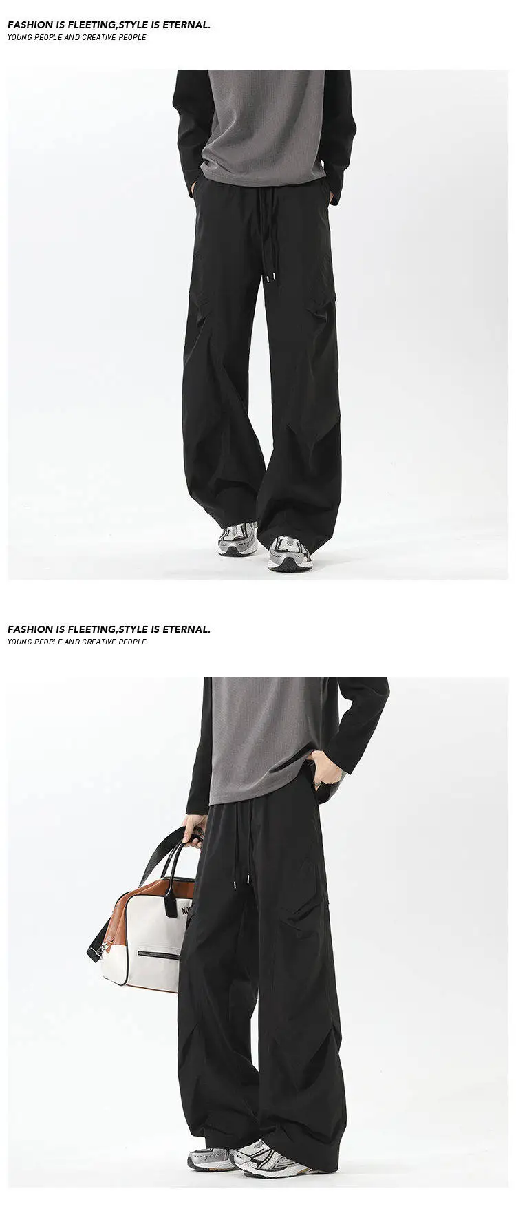 Leichte, plissierte Cargohose für Herren, locker geschnitten, mit weitem Bein, seitlichen Funktionstaschen, ideal für verschiedene Anlässe im Straßen- und Alltagslook. – Detail 14