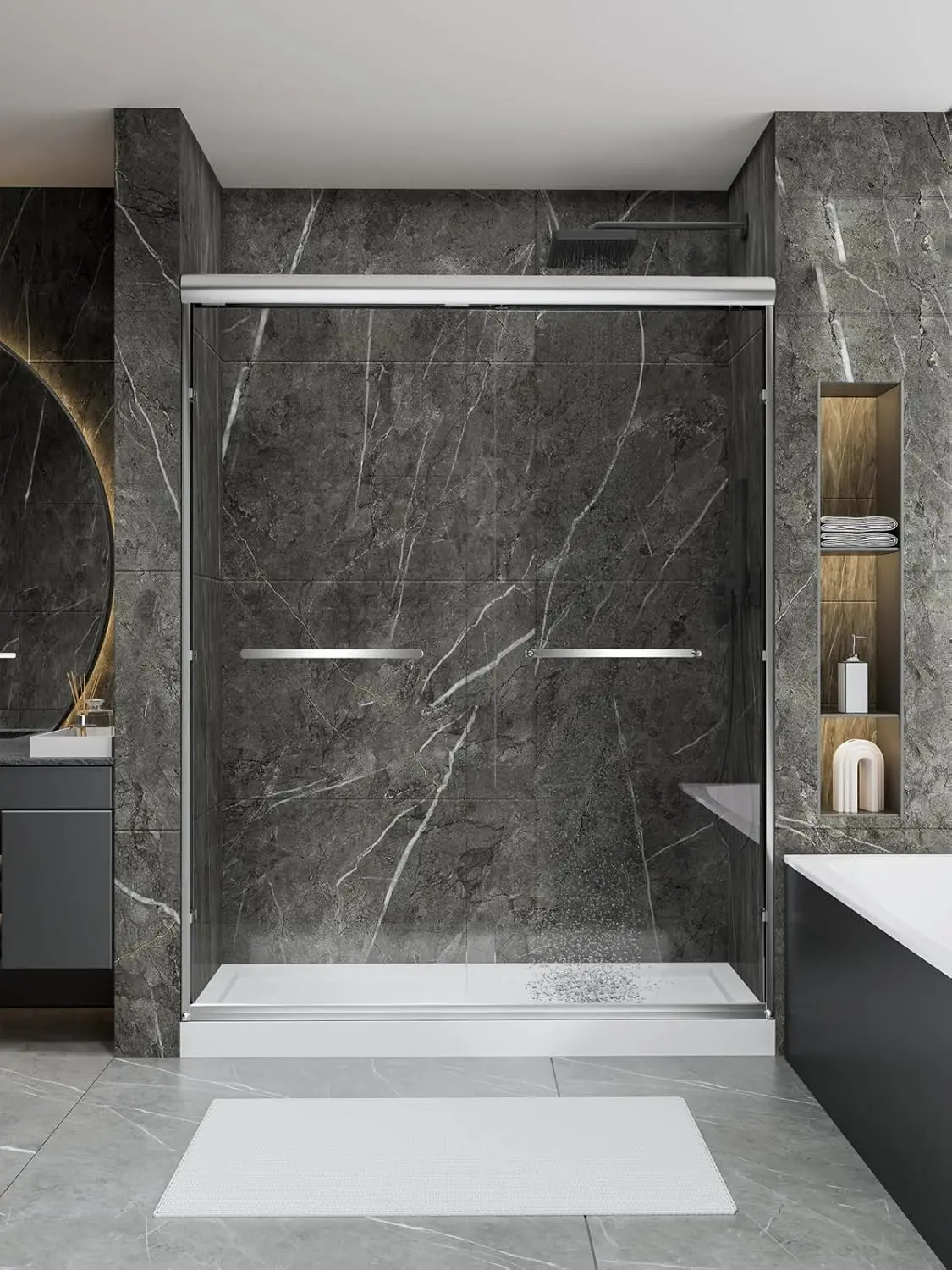 

Glass Shower Doors, 56" - 60" W x 72" H Double Sliding Shower Door, Aluminum Semi-Frameless & 1/4"(6mm) Clear Tempered Glass Byp
