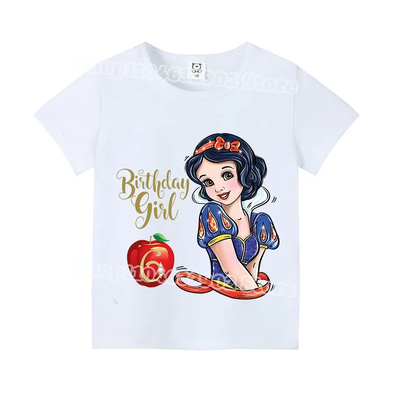 Branca de neve crianças camiseta meninas bonito manga curta 1-9 anos de idade aniversário t camisas de algodão roupas de verão criança moda topos