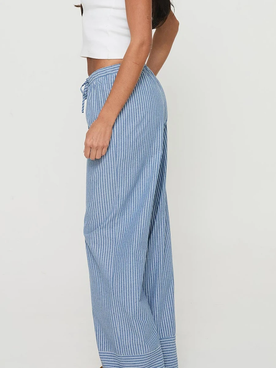 Women Striped Pajama Pants Elastic Waist Straight Wide Leg Trousers Casual Loose Fit Going Out Bottoms with Pockets Sleepwear