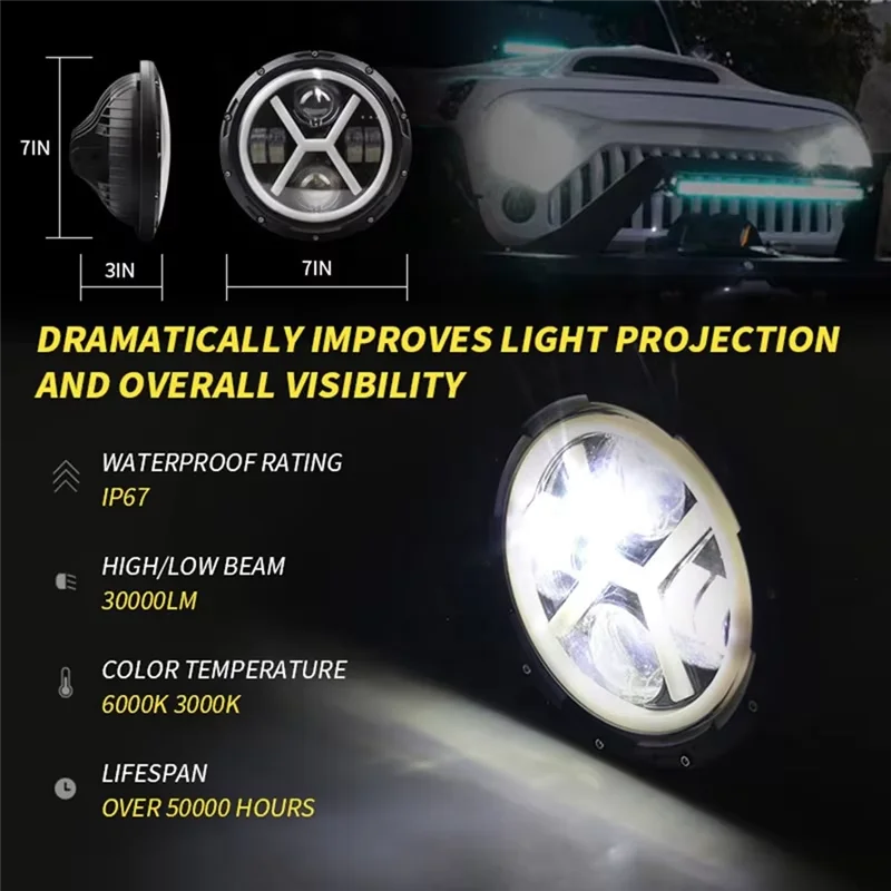7‑Inch Round LED Hi‑Lo Beam Headlamp, DRL Turn Signal Light For Wrangler JK Harley Touring Road King Yamaha Motorcycle 1/2PCS