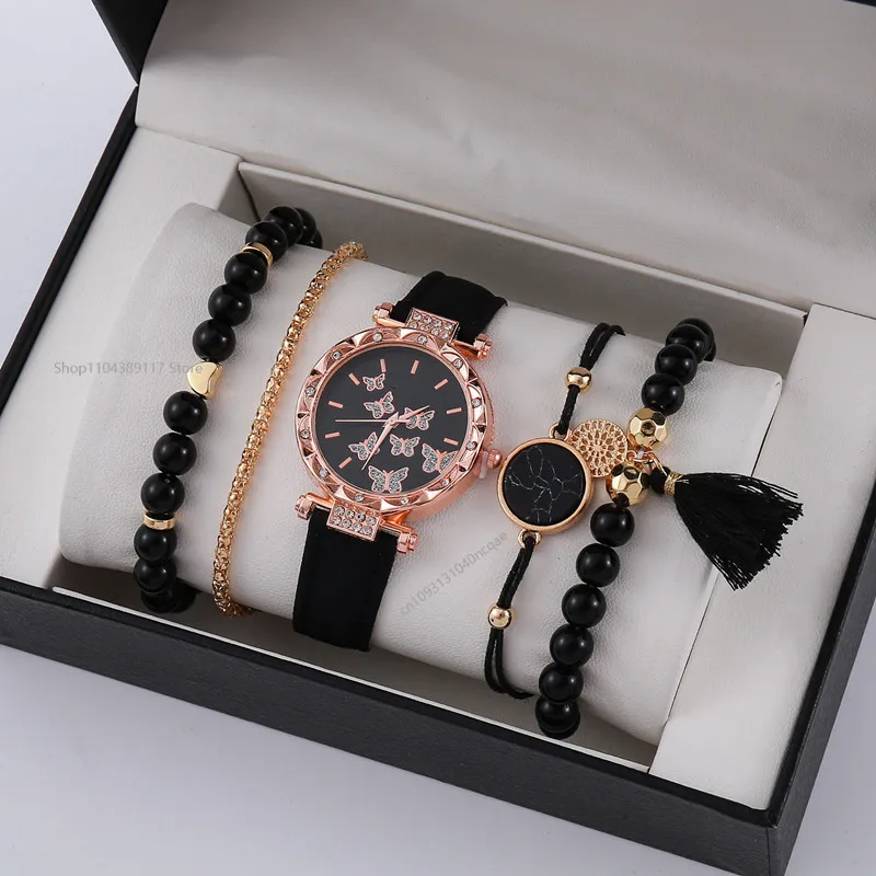 6/5/2/1 قطعة مجموعة ساعة نسائية عادية زهرة ساعة كوارتز التناظرية بولي Leather ساعة معصم جلدية وأساور Reloj Mujer Elegante لا صندوق