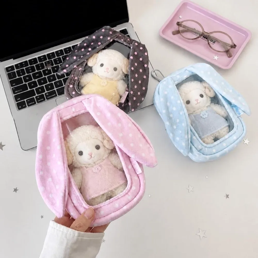 Polka Dot Doll Carrying Bag 3D Stereo Shape Bunny Ear Design Doll Storage Pouch 15Cm Transparent Shell Figure Display Bag