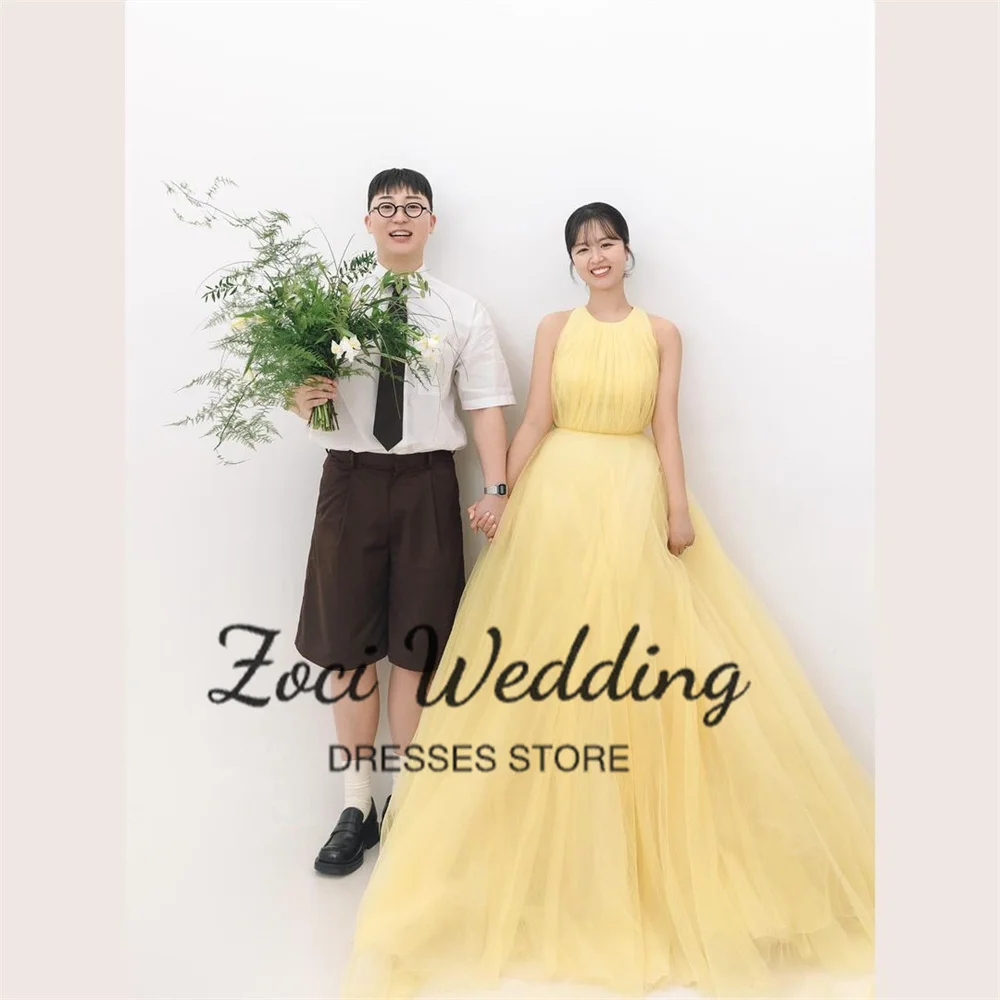 Zoci Princess O Neck Korea Wedding Dresses Yellow Fairy Pleat Tulle Wedding Photo Shoot Dress Customized Draped Floor Bride Gown