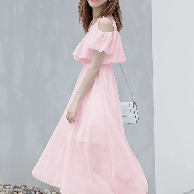 Summer New Korean Sweet Fairy Style Off Shoulder Chiffon Dress Round Neck Ruffles Fresh Solid Butterfly Sleeve Casual Dresses