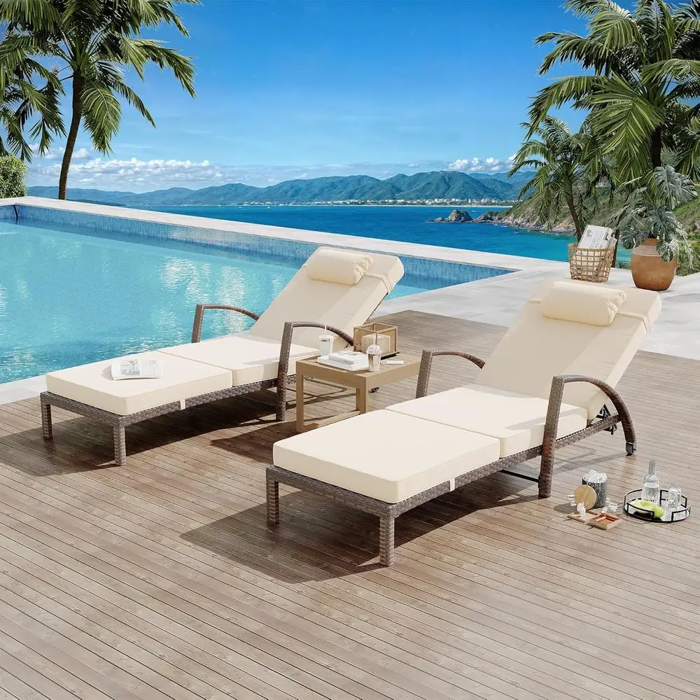 

2-Piece Outdoor Wicker Lounge Chair Set with Cushion and Pillows, Rattan Reclining Beach Chairs in Brown and Beige