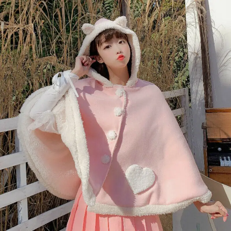 Women Cute Kawaii Lolita Cloak Sherpa Fleeced Cape Warm Poncho Hoodie Coat Japanese Girl Plus Velvet Thick Outwear Cloak Shawl