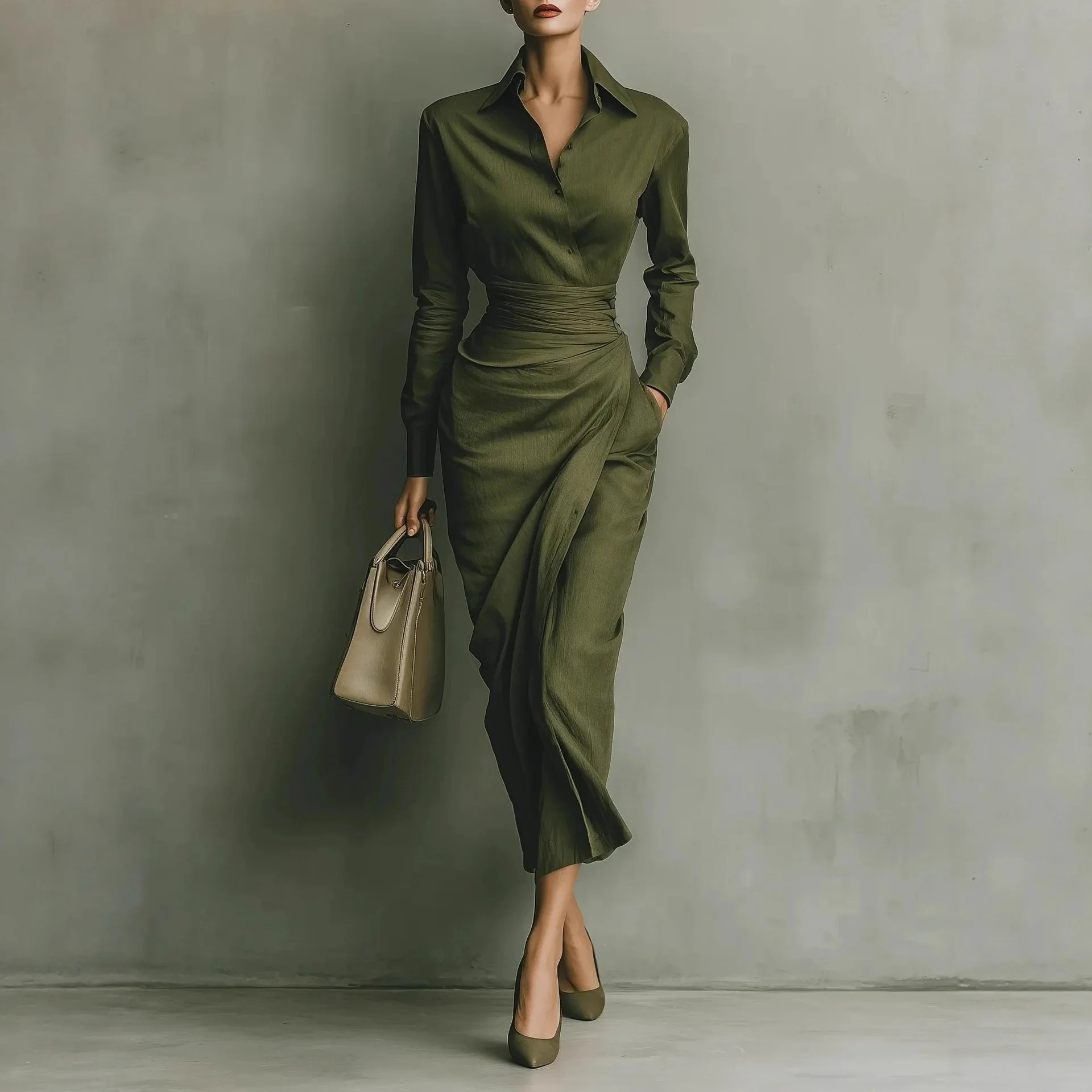 

2026 Autumn Winter Elegant Commuter Slim Asymmetric Long Sleeve Shirt Dress Independent Foreign Trade Amazon