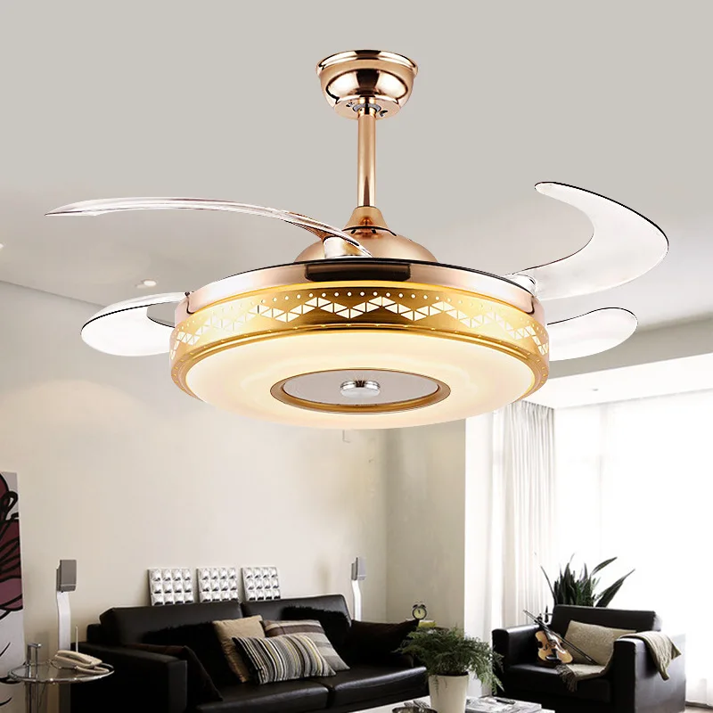 110V 220V Invisible Music Bluetooth Ceiling Fans With Light 42 Inch Gold Fan Lamp Remote Control APP RGB Color Light Fans