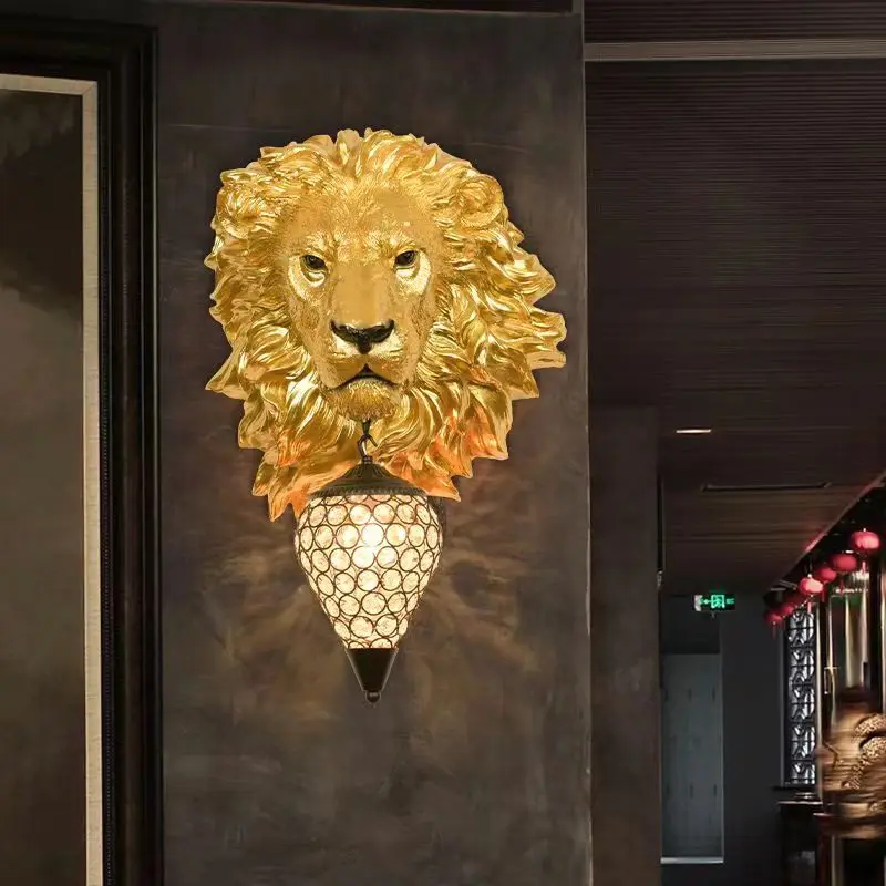 OUFULA Modern Gold Lion Wall Lamp LED Vintage Creative Resin Sconce Light for Home Living Room Background Corridor Decor