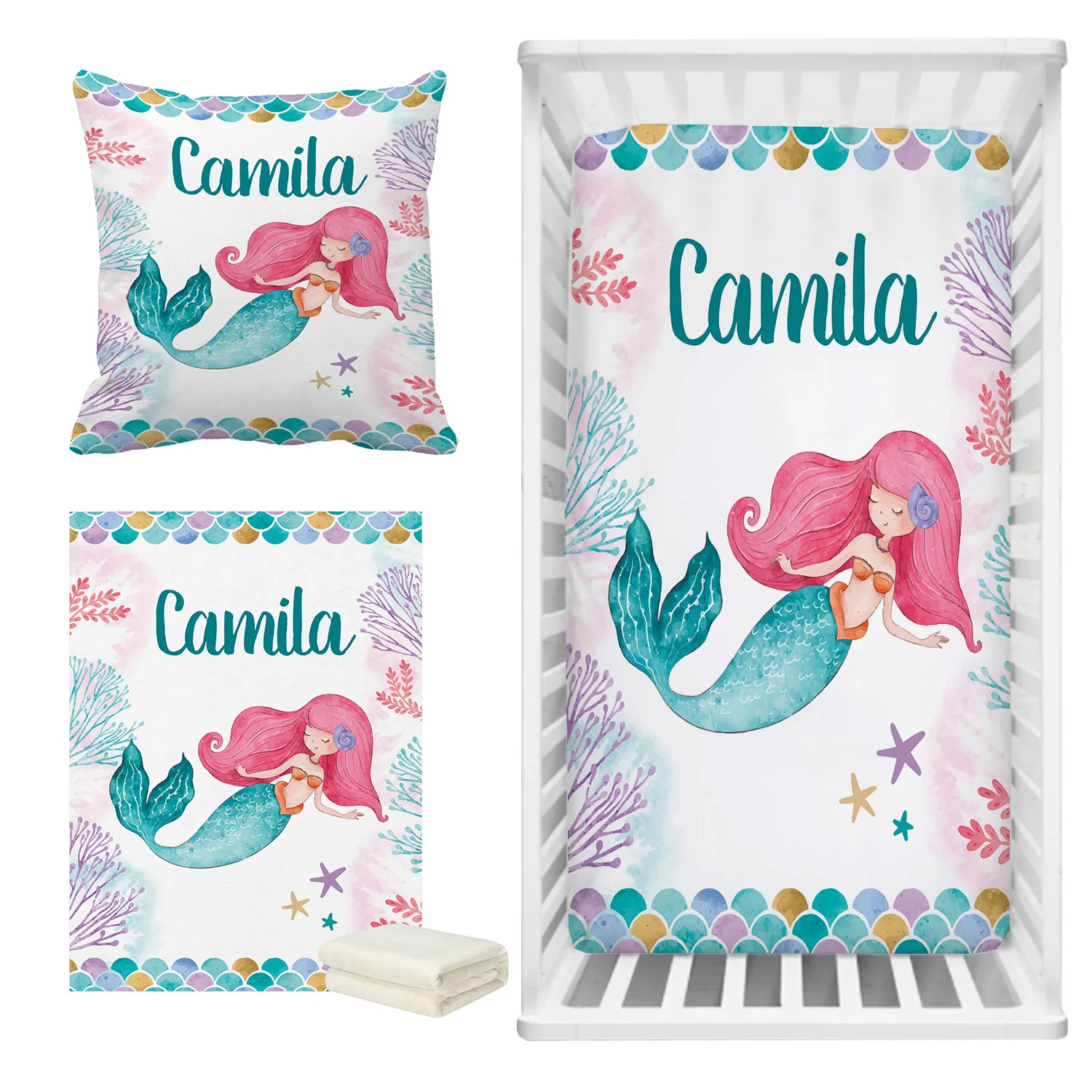 LVYZIHO Mermaid Baby Crib Bedding Set, Customized Name Mermaid Bedding Set, Baby Shower Gift  Bedding Set