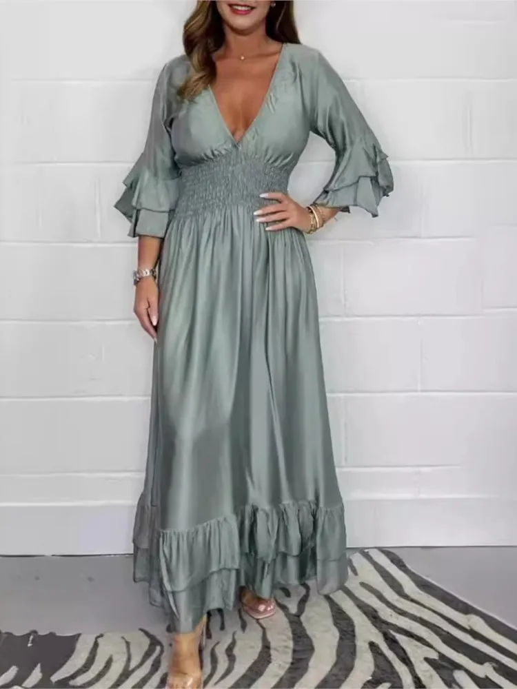 Damesmode Temperament Satijn V-hals Ruches Jurk Zomer Elegante Eenvoudige Effen Kleur Woon-werkverkeer Elastische Taille Jurken