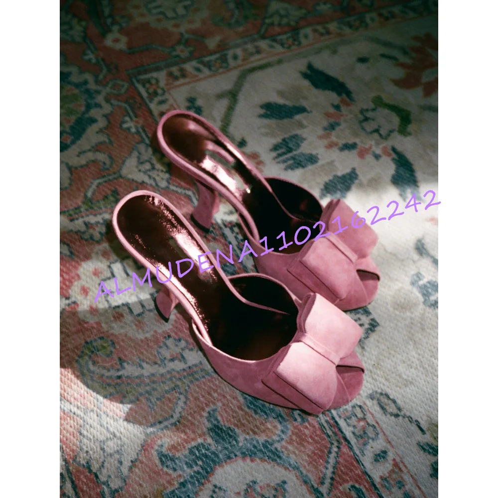 Women Fuchsia Suede Bow Mules Peep Toe Kitten Heels Backless Slip On Elegant Wedding Prom Evening Party Dress Sandals 43