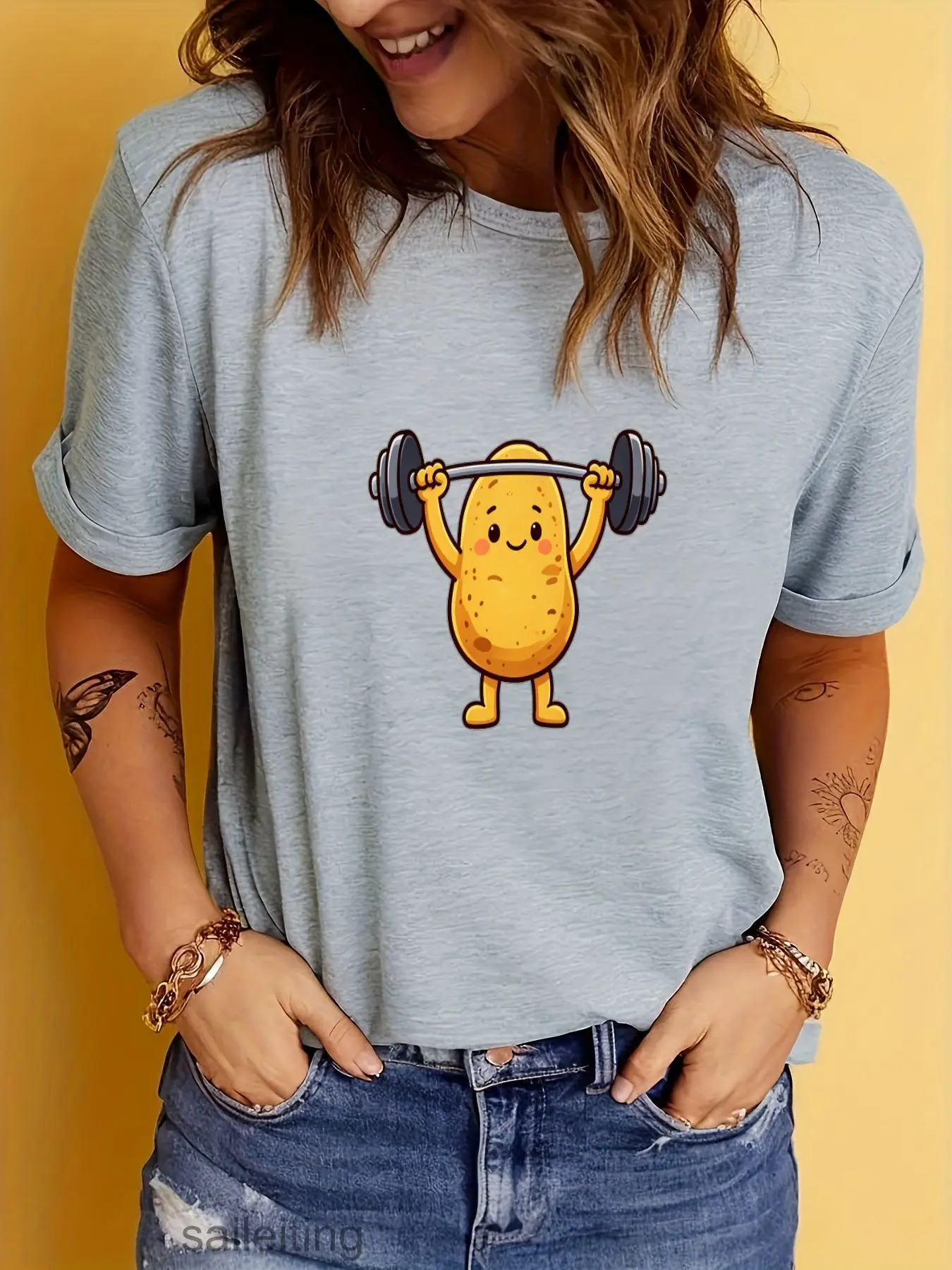 Funny Cartoon Potato Lifting Barbell Gym Fitness T-Shirt - Cute Anthropomorphic Veggie Workout Tee, Soft Short Sleeve Summer
