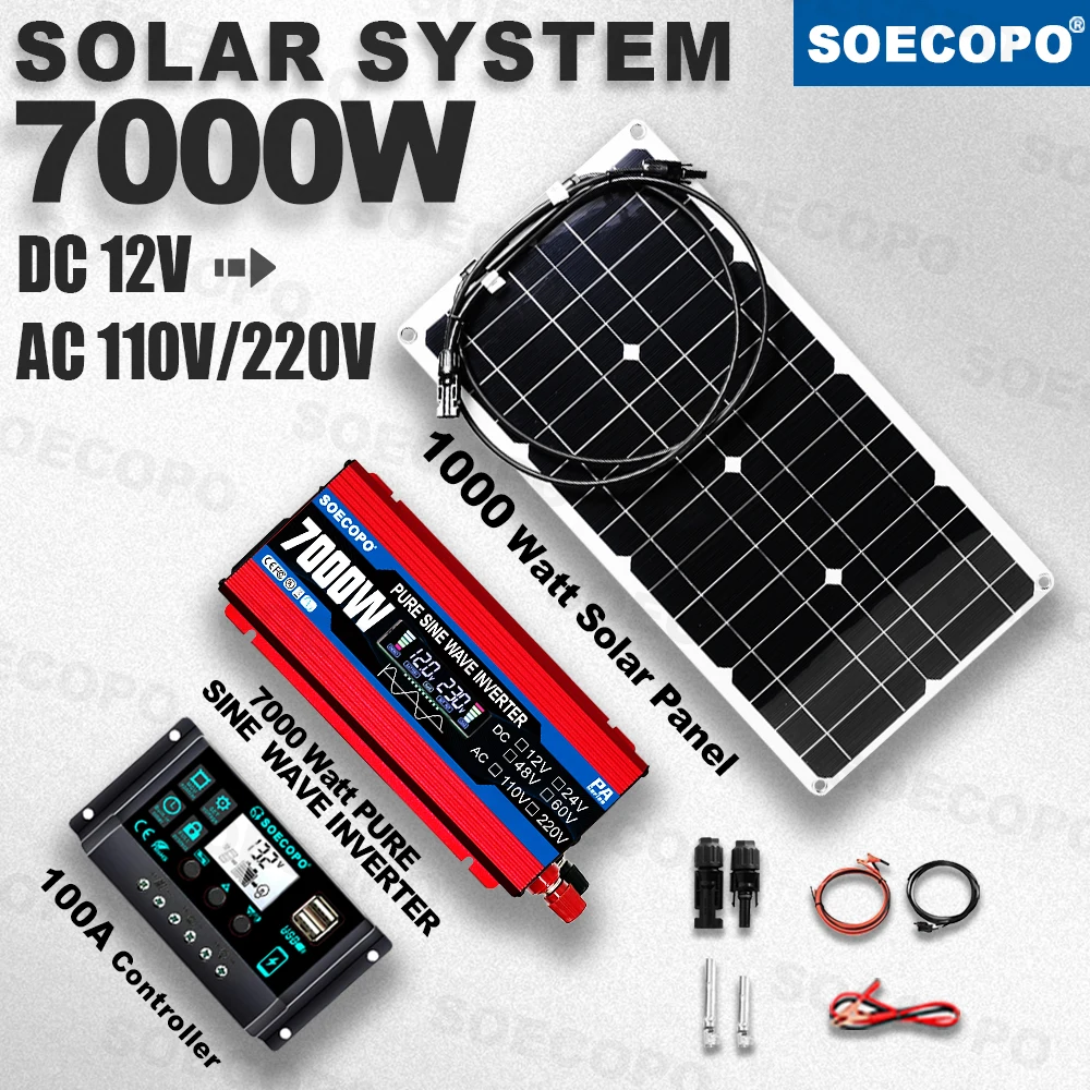 

Pure Sine Wave Inverter 7000W Solar System Kit 100A Controller DC12V AC110 220V Flexible Panel for RV Boat Camp Photovoltaic