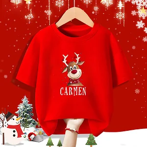 Personalised Kid Christmas Red Shirt Deer Name Child Short Sleeve Clothes T-shirt Sibling Matching Xmas Outfit Kids Tee Tops