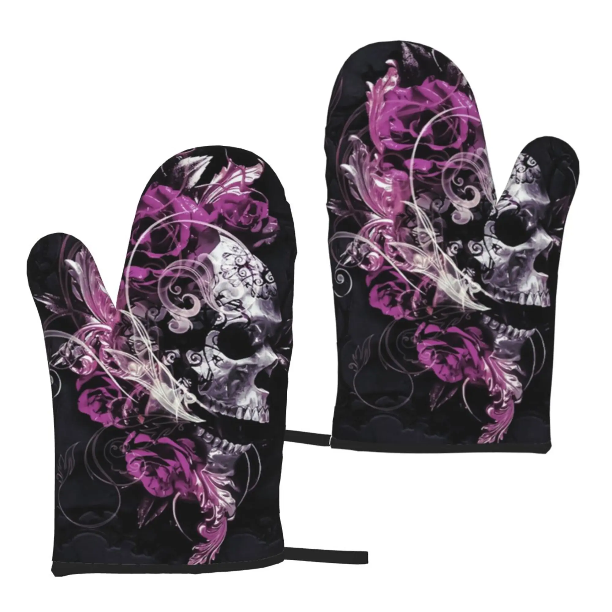 Skull Purple Floral Oven Gloves 2pcs Microwave Gloves Oven Gloves Heat Resistant Oven Mitts for Kitchen Bbq Grilling Cooking
