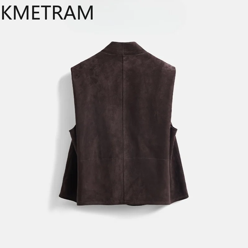 KMETRAM Quality Crossbreed Sheep Suede Leather Vest Sleeveless Genuine Leather Jackets of Woman Gilet V-neck Waistcoat Crop 자켓