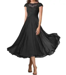 Vestidos de comprimento chá para a mãe da noiva, elegante vestido de baile com mangas, Apliques de renda, vestido formal de noite, casamento