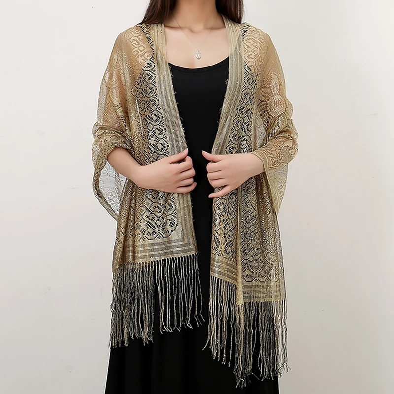 Women Summer Sequin Tassels Shawls Scarf Ladies Long Wraps Thin Hollow Travel Sunscreen Cape Femme Elegant Tippet Stoles