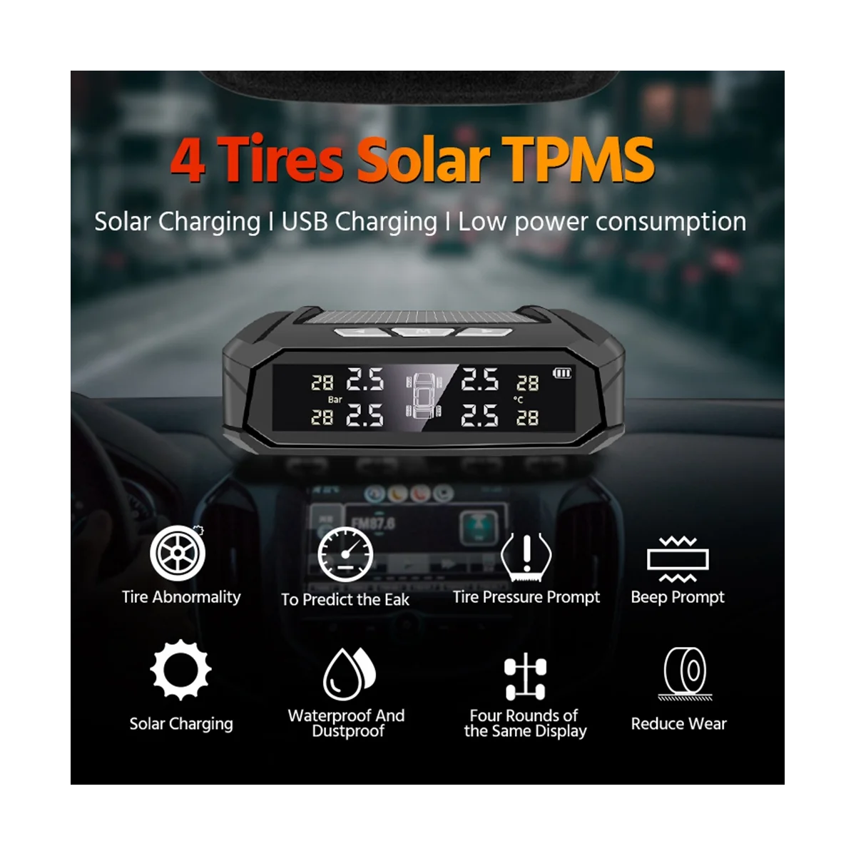 Car TPMS Tire Pressure Monitoring System Auto Display Alarm Monitoring USB Charging Temperature Alert with Sensors