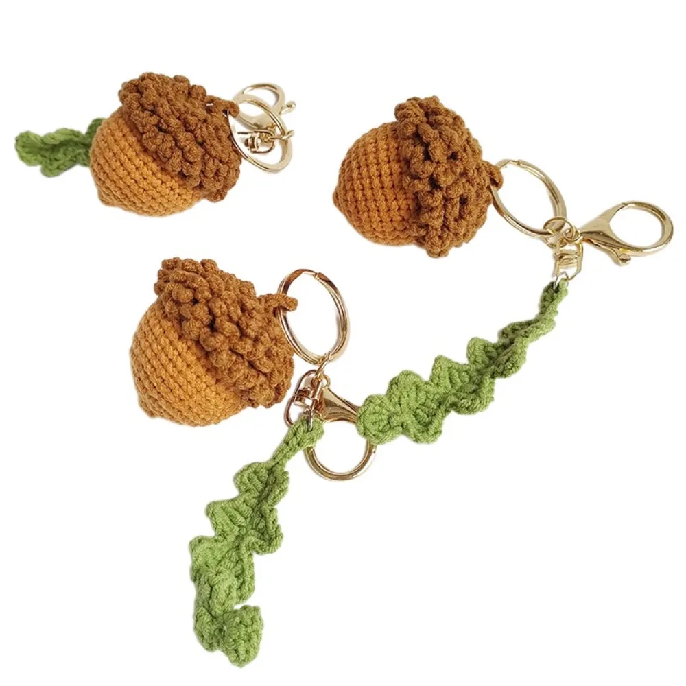 Acorns Diy Handmade Crochet Pine Cone Knitting Keychain Handmade Pine Cone Accessories Plant Keyring Brown Green