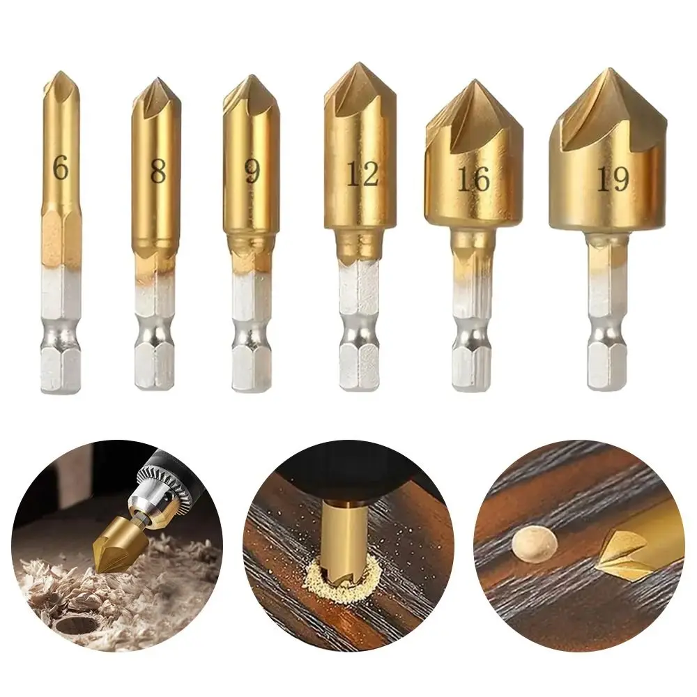 Tool Multifunctional 90 Degree HSS 6mm-19mm 5 Flute Countersink Wood Chamfering Cutter Hex Shank Chamfer Counter Sink Drill Bit