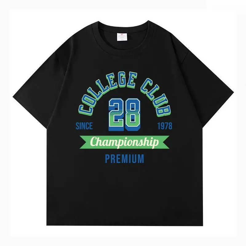 

2025 New College Club Streetwear T-shirt Set Black White Navy Blue Short Sleeve Tops with Championship 28 Print and Vintage