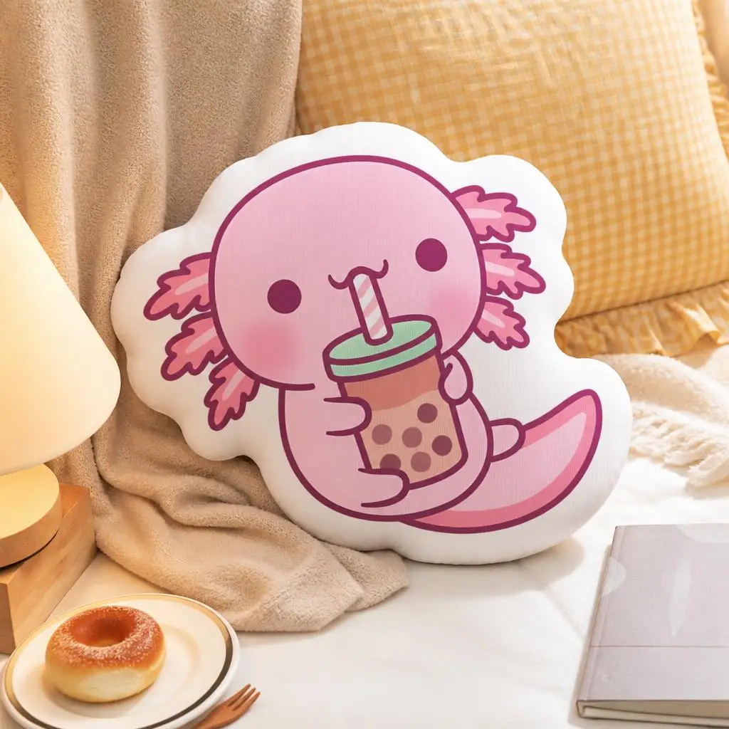 Axolotl Bubble Tea Shaped Throw Pillow Cute Kawaii Boba Cushion Decorative Sofa Bedroom Home Decor Gift for Boba Lovers