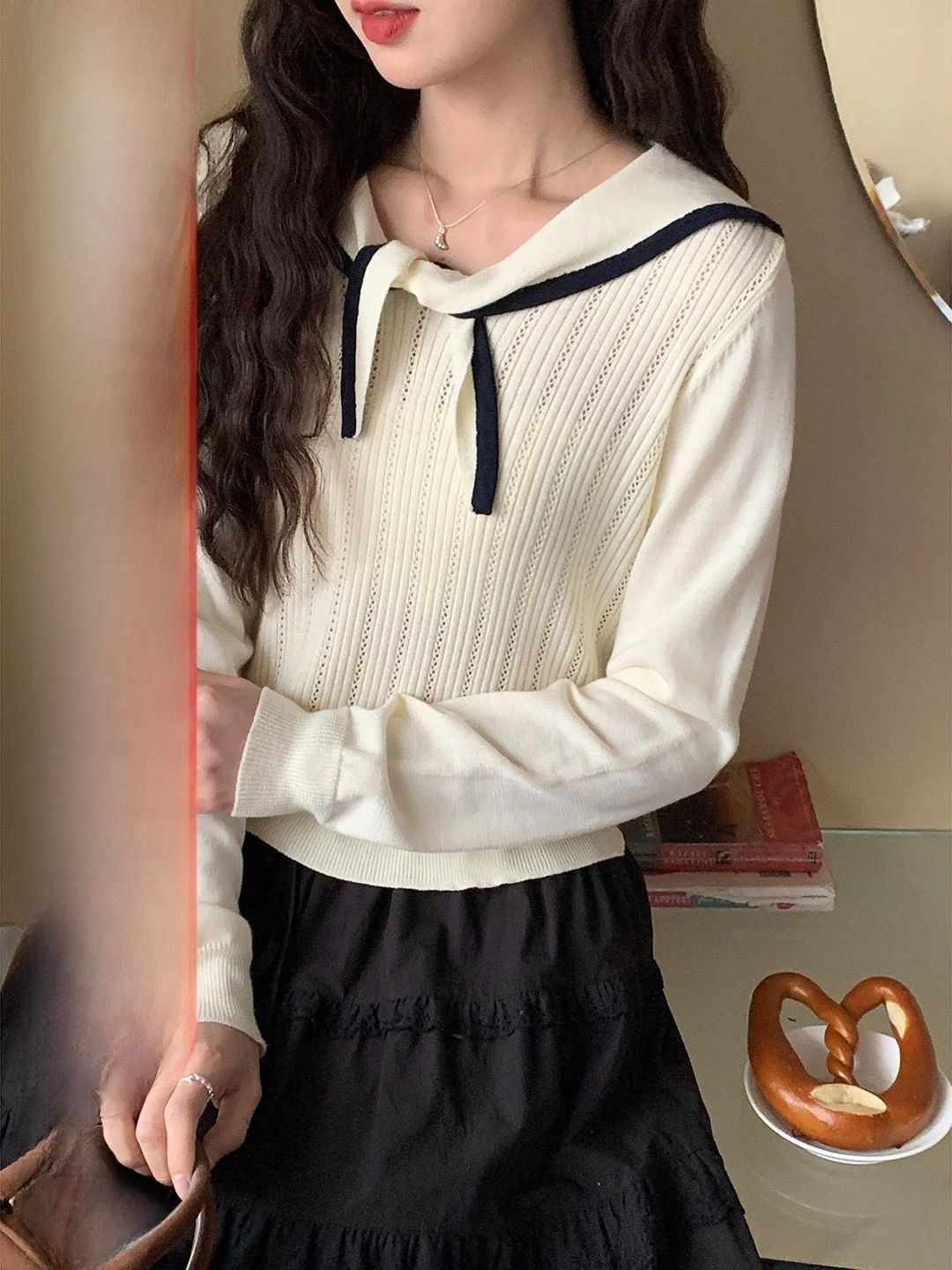 

Женский вязаный свитер с длинным рукавом, универсальный, в корейском стиле, приталенный, для колледжа, мягкий, из смесового полиэстера, весна 2026