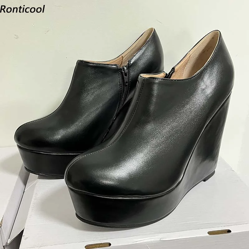 

Ronticool/женские туфли-лодочки ручной работы на платформе, пикантные элегантные черные туфли на танкетке с круглым носком для вечеринок, размер США 5-20