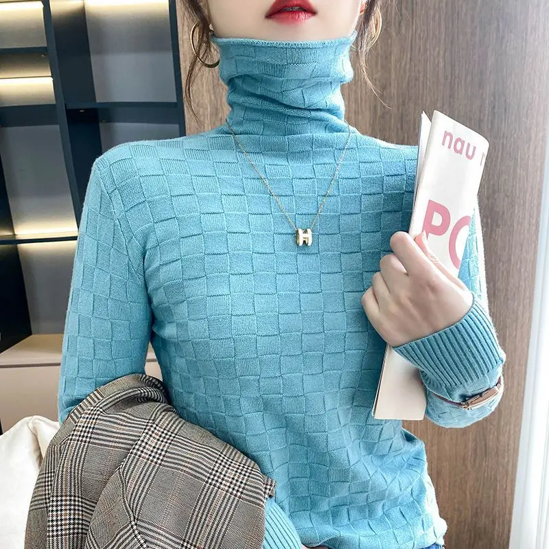 

Office Lady Stylish Turtleneck Solid Color Plaid Spliced Sweaters Autumn Winter New Casual Long Sleeve All-match Slim Jumpers