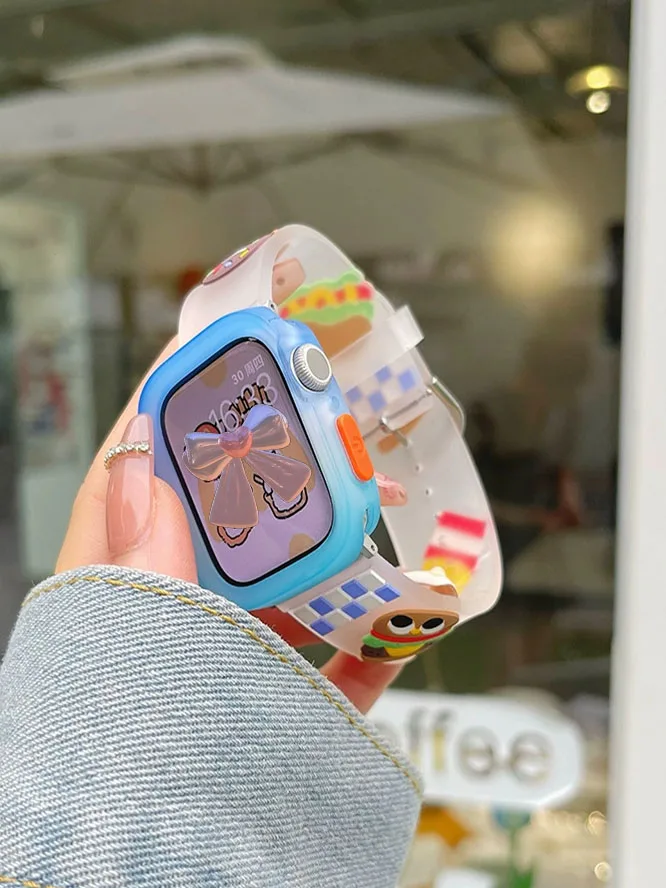 Cartoon Cute Funny Strap+Case For Apple Watch Band Ultra2 49mm 45mm 44 41 Correa Clear Silicone Band For Iwatch Series 9 8 SE 7
