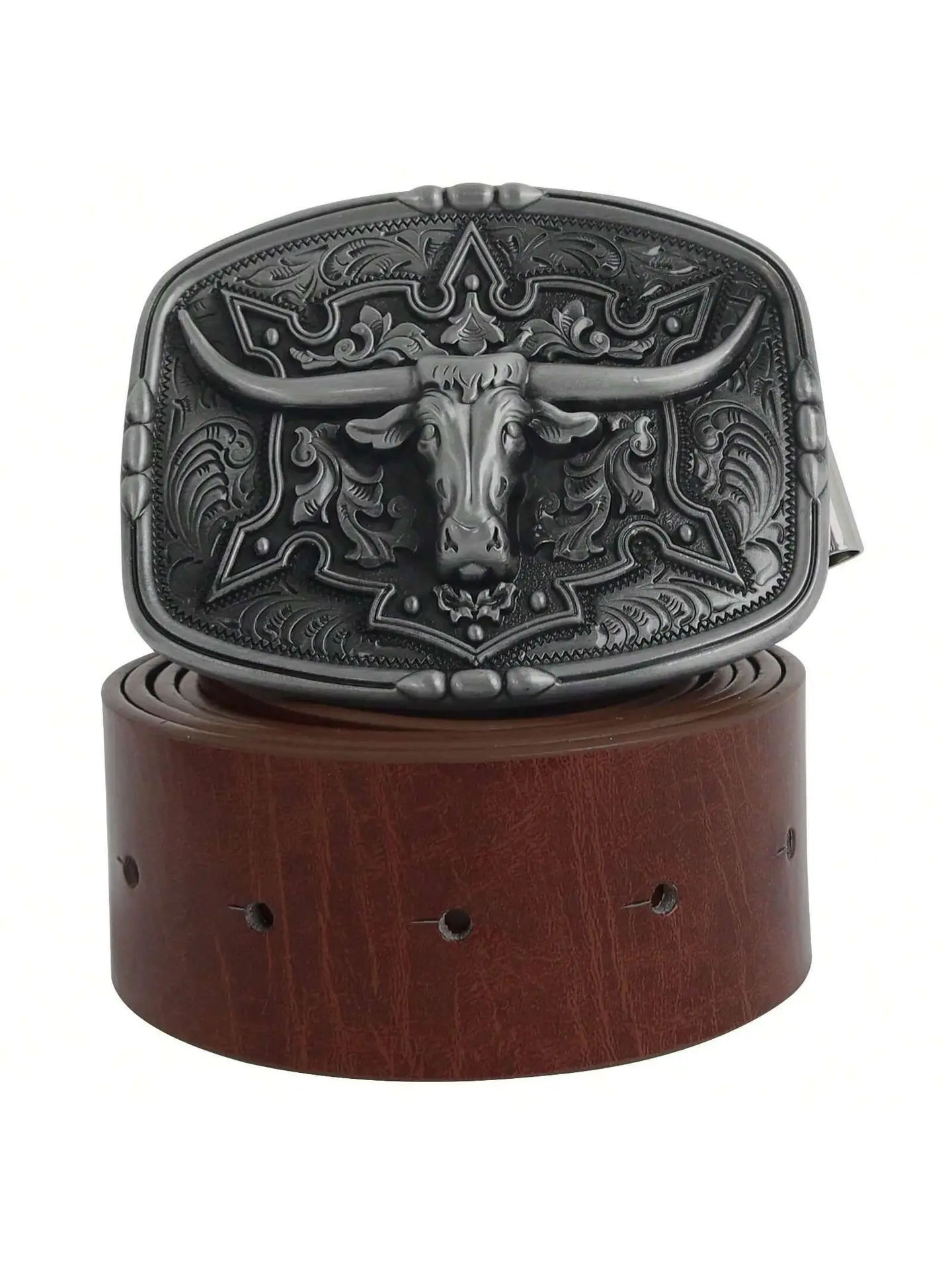 Mens Belt Western Cowboy Style Leather Belt Retro Adjustable Buckle Belt With Longhorn Bull Buckle Pattern Floral Belt For Men
