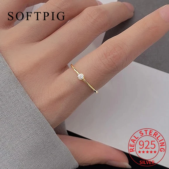 SOFTPIG Real 925 Sterling Silver Zircon Thin Ring For Fashion Women Party Classic Fine Jewelry Minimalist Minimalist Accessories